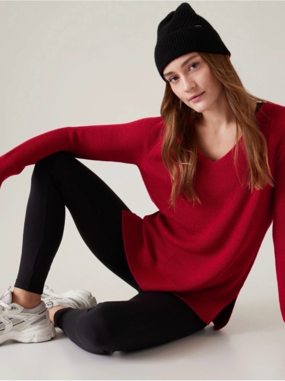 Athleta Red V-Neck Ribbed Sweater